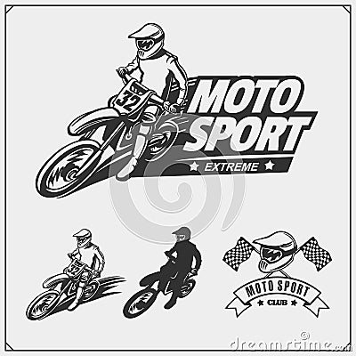 Set of motor sport silhouettes, labels and emblems. Motocross riders. Vector Illustration