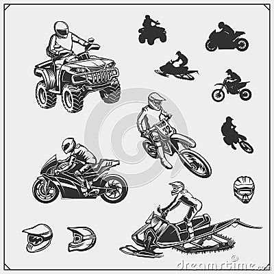 Set of motor sport, snowmobile, quad bike illustrations. Print design for t-shirt and sport club emblems and dedign elements. Vector Illustration