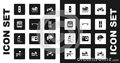 Set Motorcycle, Longboard skateboard, First aid kit, Snowboard, Ski and sticks, Jet ski, Bicycle helmet and Windsurfing Vector Illustration