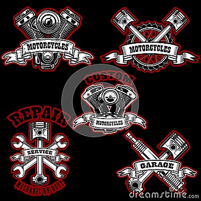Set of motorcycle repair emblems. Bike motor, pistons. Design element for logo, label, emblem, sign, poster. Vector Illustration