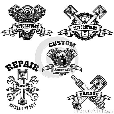 Set of motorcycle repair emblems. Motor, tools, piston. Design element for logo, label, emblem, sign, t shirt. Vector Illustration