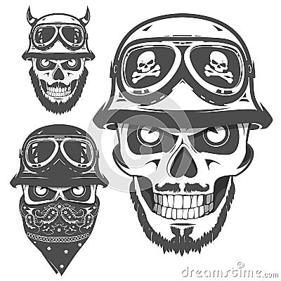 Set of motorcycle skull vintage style emblems, logo ,tattoo and prints Vector Illustration