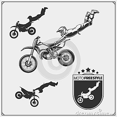 Set of motorsport silhouettes, labels and emblems. Motocross jumping riders, moto freestyle. Vector Illustration