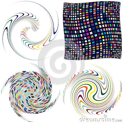 Set of mottled, multi color and colorful spiral, swirl, twirl shapes. Vortex, whorl shape with rotation, spin, coiling distortion Vector Illustration