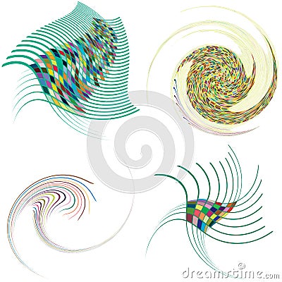 Set of mottled, multi color and colorful spiral, swirl, twirl shapes. Vortex, whorl shape with rotation, spin, coiling distortion Vector Illustration