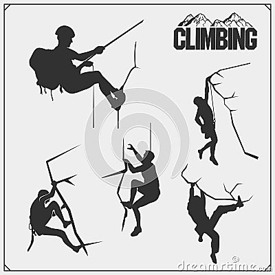 Set of mountain climbing labels, emblems and design elements. Rock climbers silhouettes. Vector Illustration
