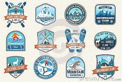 Set of mountain expedition and snowboard club patch. Vector. Concept for badge, print, stamp. Vintage typography design Vector Illustration