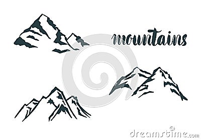 Set Mountain hand drawn logo. Vector design element in vintage style for logotype, label,tag, badge and other. logo, symbol, icon Stock Photo