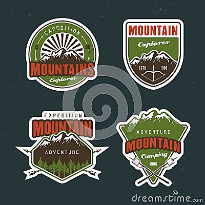 Set of mountain travel, outdoor adventure, camping and hiking vector colored emblems, stickers, labels, badges and logos Vector Illustration