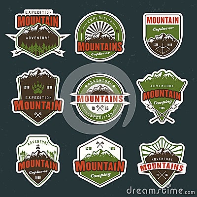 Mountain travel vector colored emblems or badges Vector Illustration