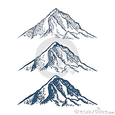 set of mountains peaks, vintage, old looking hand drawn, sketch, different versions for hiking, climbing. Vector Vector Illustration