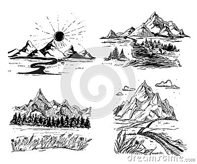 Set mountains sketch. Hand drawn vector illustration. Mountain travel, highlands range. Dot and line art. Rocky peaks Vector Illustration