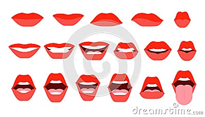 Set of mouth expressions on woman face. Closed and open mouth. Red lips, a smile, shiny teeth, protruding tongue. Communication, Vector Illustration