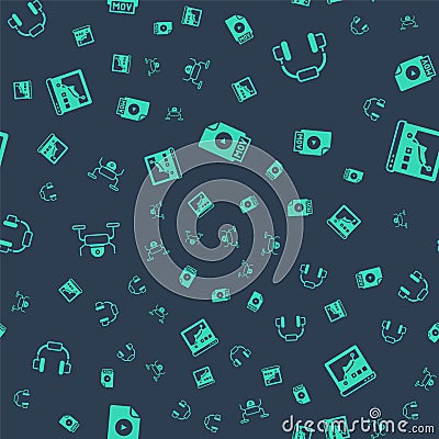 Set MOV file document, Headphones, Drone flying and Histogram graph photography on seamless pattern. Vector Stock Photo