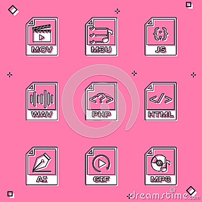 Set MOV file document, M3U, JS, WAV, PHP and HTML icon. Vector Vector Illustration