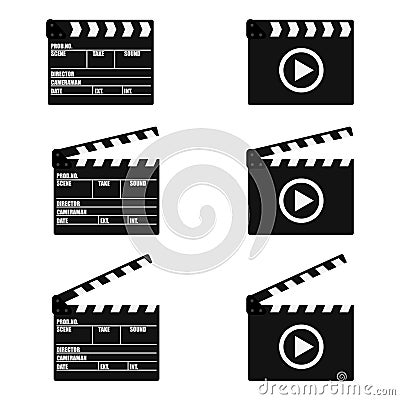 Set of movie clapperboard. Clapperboard icon. Movie production sign. Video movie clapper equipment. Filmmaking device. Vector Illustration