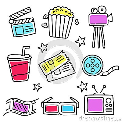 Set of movie doodle illustration with colorful design Cartoon Illustration