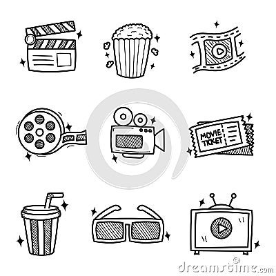 Set of movie doodle illustrations with cute hand-drawn style isolated on white background Cartoon Illustration