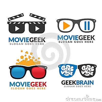 Set of movie geek logo template, geek brain, geek logo pack Vector Illustration