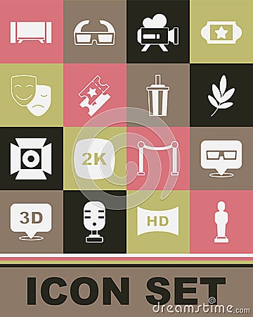 Set Movie trophy, 3D cinema glasses, Retro camera, Cinema ticket, Comedy and tragedy masks, Smart Tv and Paper with Vector Illustration