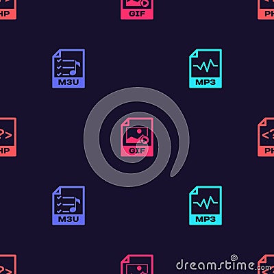 Set MP3 file document, M3U, GIF and PHP on seamless pattern. Vector Stock Photo