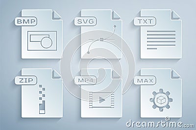 Set MP4 file document, TXT, ZIP, MAX, SVG and BMP icon. Vector Vector Illustration