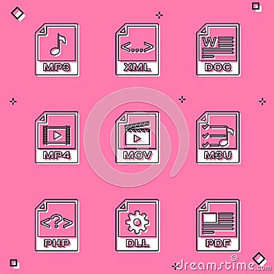 Set MP3 file document, XML, DOC, MP4, MOV and M3U icon. Vector Vector Illustration