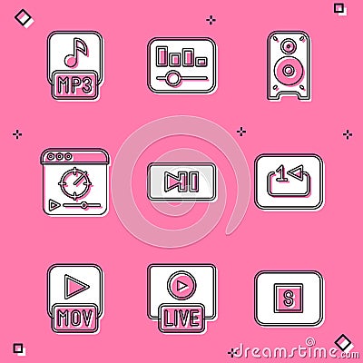 Set MP3 file, Music equalizer, Stereo speaker, Online play video, Pause button, Repeat track music player, MOV and Live Vector Illustration
