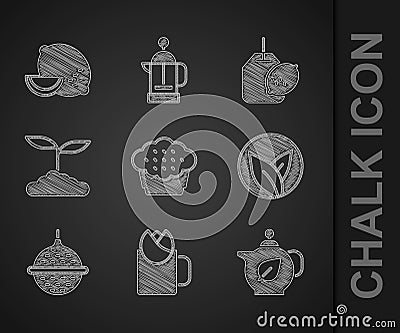 Set Muffin, Cup of tea with rose, Teapot leaf, Ball strainer, bag lemon and Lemon icon. Vector Vector Illustration