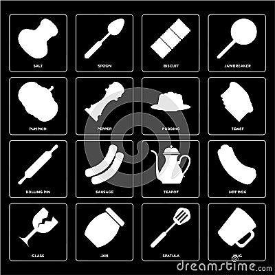 Set of Mug, Spatula, Glass, Teapot, Rolling pin, Pudding, Pumpkin, Biscuit, Salt icons Vector Illustration