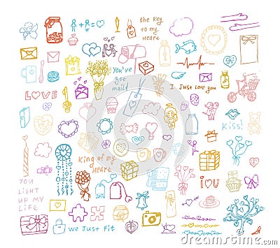 Set of multi color hand drawn elements about love. Sketchy hand drawn doodles cartoon set of Love Vector Illustration