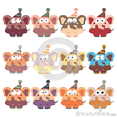 A set of multi-colored elephants in retro style. Vector Illustration