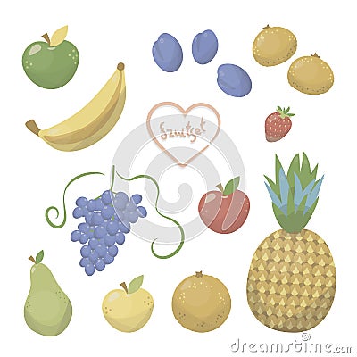 Set of multi-colored glossy painted bright fruits and berries objects isolated on white background. Vector Illustration