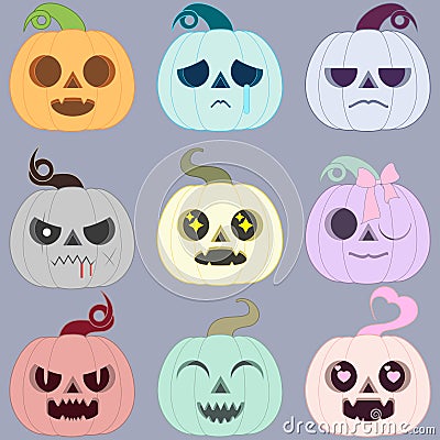 set of multi-colored halloween pumpkins. emotional magic halloween pumpkins Vector Illustration