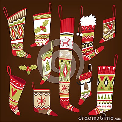 Set of multi-colored knitted patterned Christmas socks of different shapes Vector Illustration