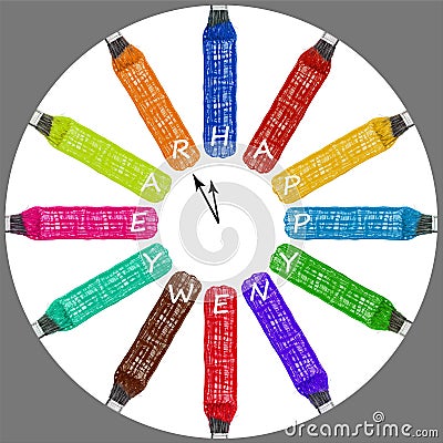 Set of multi-colored New Year`s clocks with congratulation letters Stock Photo