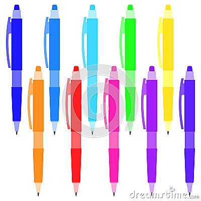 Set of multi-colored pens on a white background. Vector Illustration