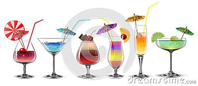 A set of multi-colored refreshing cocktails in transparent glasses of various shapes. Highly detailed illustration Vector Illustration