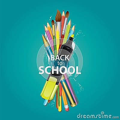 A set of multi-colored school supplies. Ready design `Back to school.` Vector illustration with pencils, pen and brushes for drawi Vector Illustration