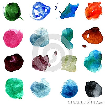 Set of 15 multi-colored watercolor stains round shape. Hand drawn colorful watercolor circles, isolated over white. Stock Photo