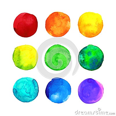 Set of multicolor colorful rainbow hand drawn watercolor spots, circles isolated on white. Stock Photo