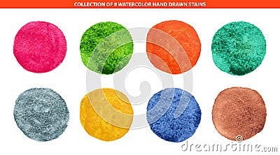 Set of 8 multicolor watercolor hand drawn circles background for logo, emblem Vector Illustration