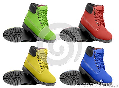 Set of multicolored boots. Angle view Stock Photo