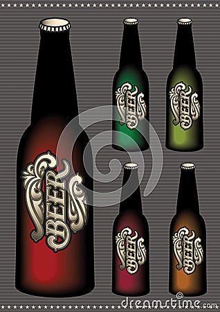 Set of multicolored bottles of beer with label Vector Illustration