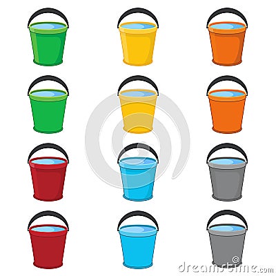 Set of multicolored buckets of water with a black handle raised up. Cartoon buckets with and without shadow. Water pails Vector Illustration
