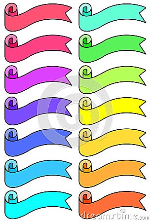 Set of multicolored cartoon ribbons and banners for web design. Vector Illustration