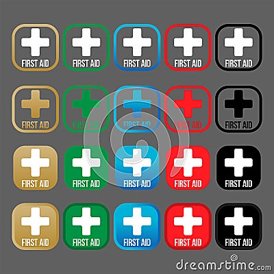 Set of multicolored icons, patches first aid kit in the shape of a square. Vector Illustration
