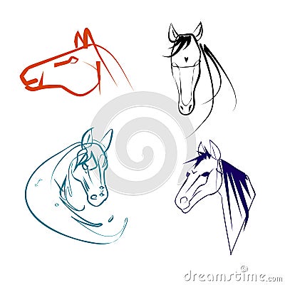 Set of multicolored linear horse heads logos Vector Illustration