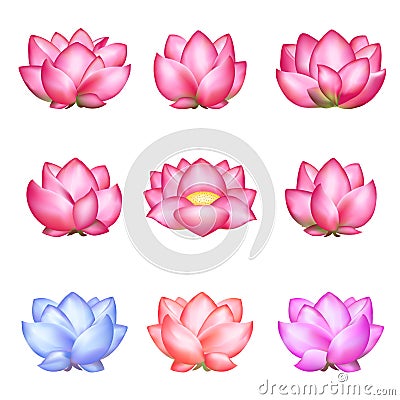 Set of multicolored lotuses Vector Illustration