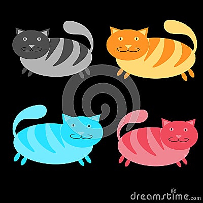 Set of multicolored, pink, blue, red and gray, striped, thick, cats on a black background. Vector Illustration